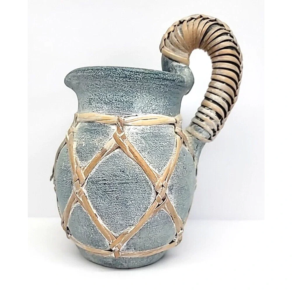 Vintage Coastal Rattan Wrapped Blue Terra‎ Cotta Pitcher 8.25